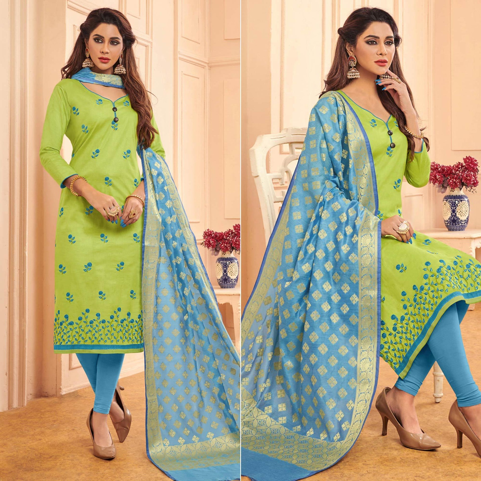Light Green Embroidered Pure Cotton Dress Material