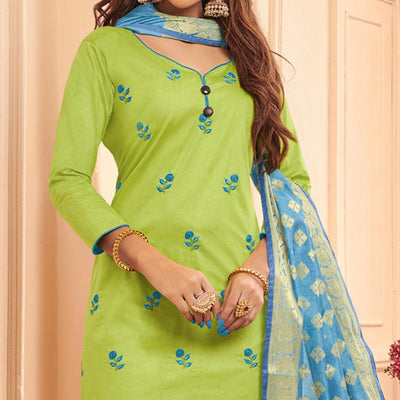 Light Green Embroidered Pure Cotton Dress Material
