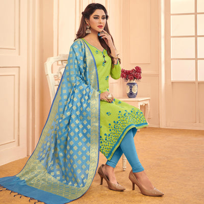 Light Green Embroidered Pure Cotton Dress Material