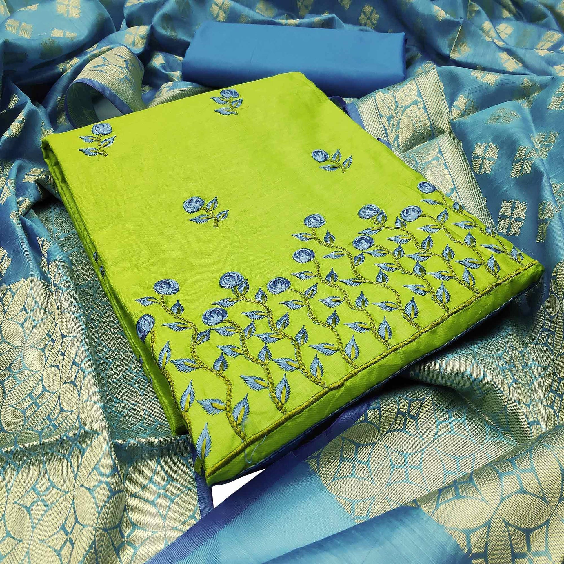 Light Green Embroidered Pure Cotton Dress Material