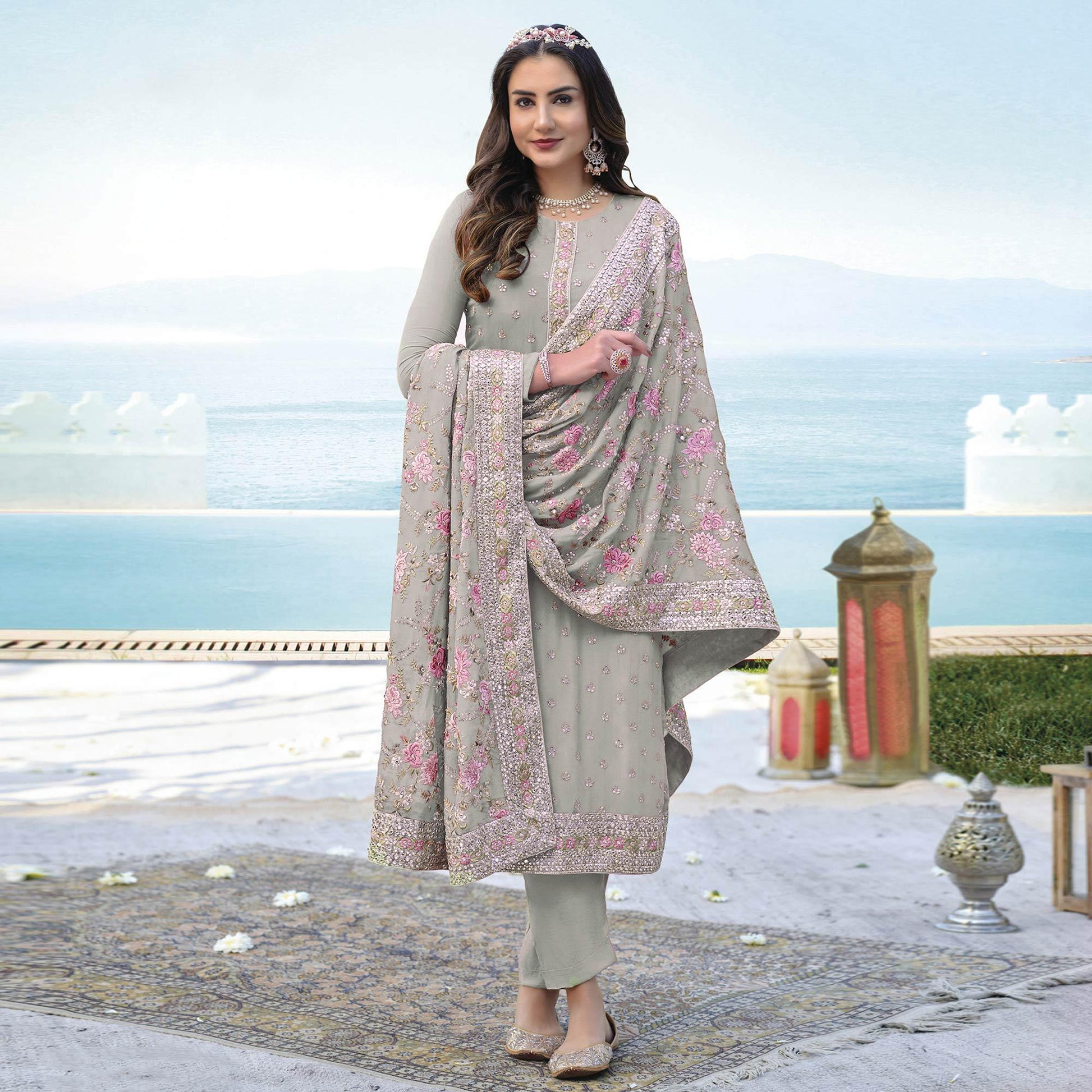 Light Green Embroidered With Embellished Georgette Salwar Suit
