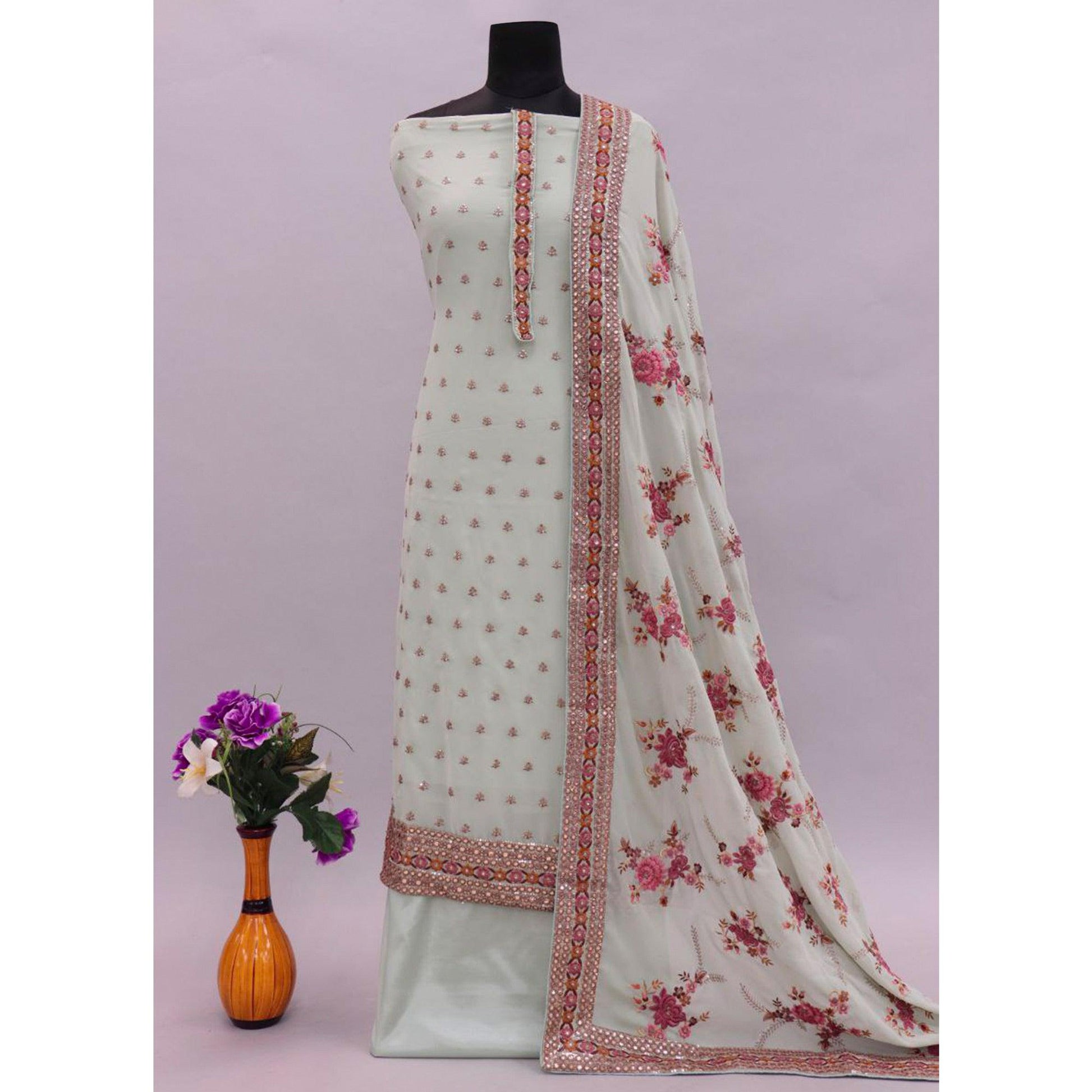 Light Green Embroidered With Embellished Georgette Salwar Suit