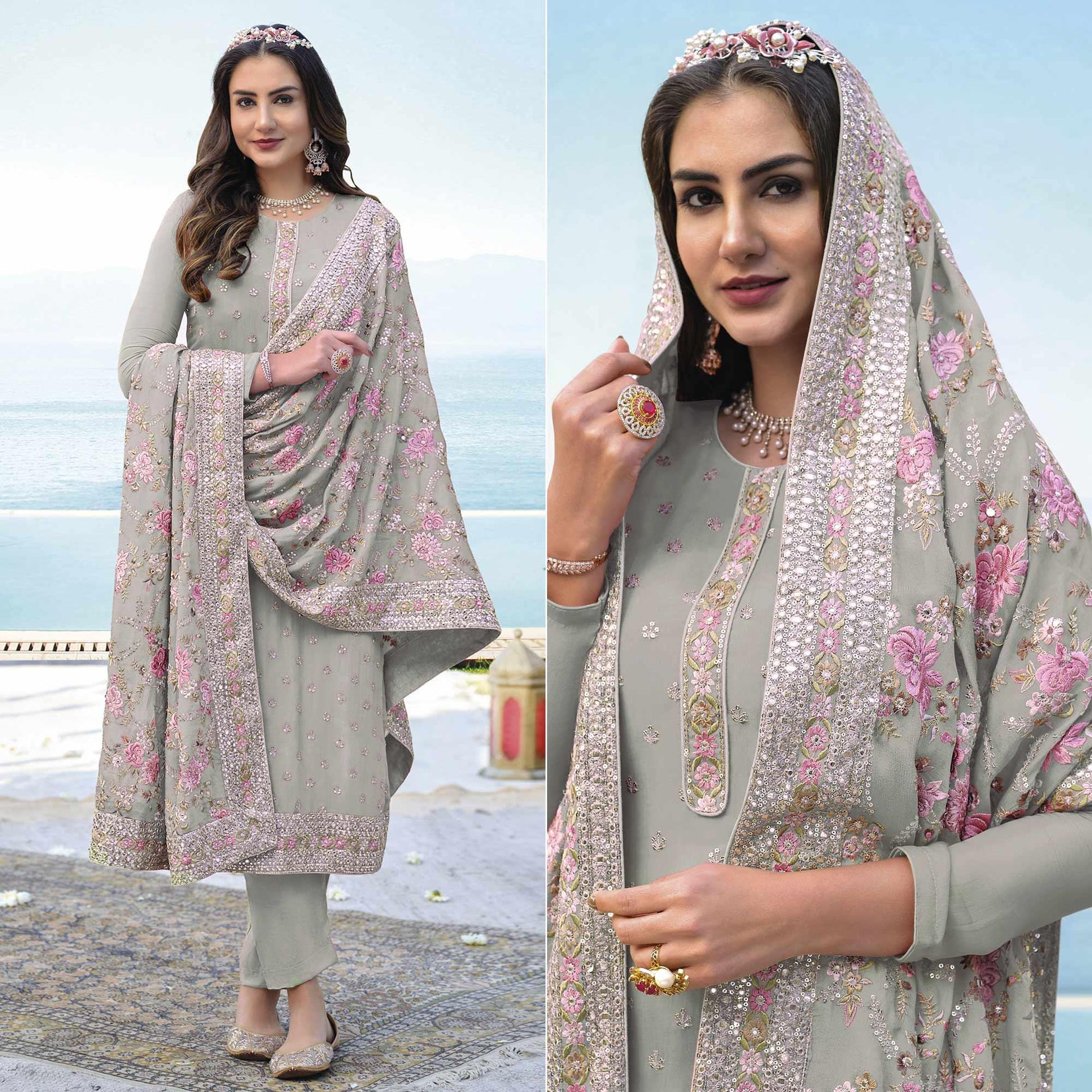 Light Green Embroidered With Embellished Georgette Salwar Suit
