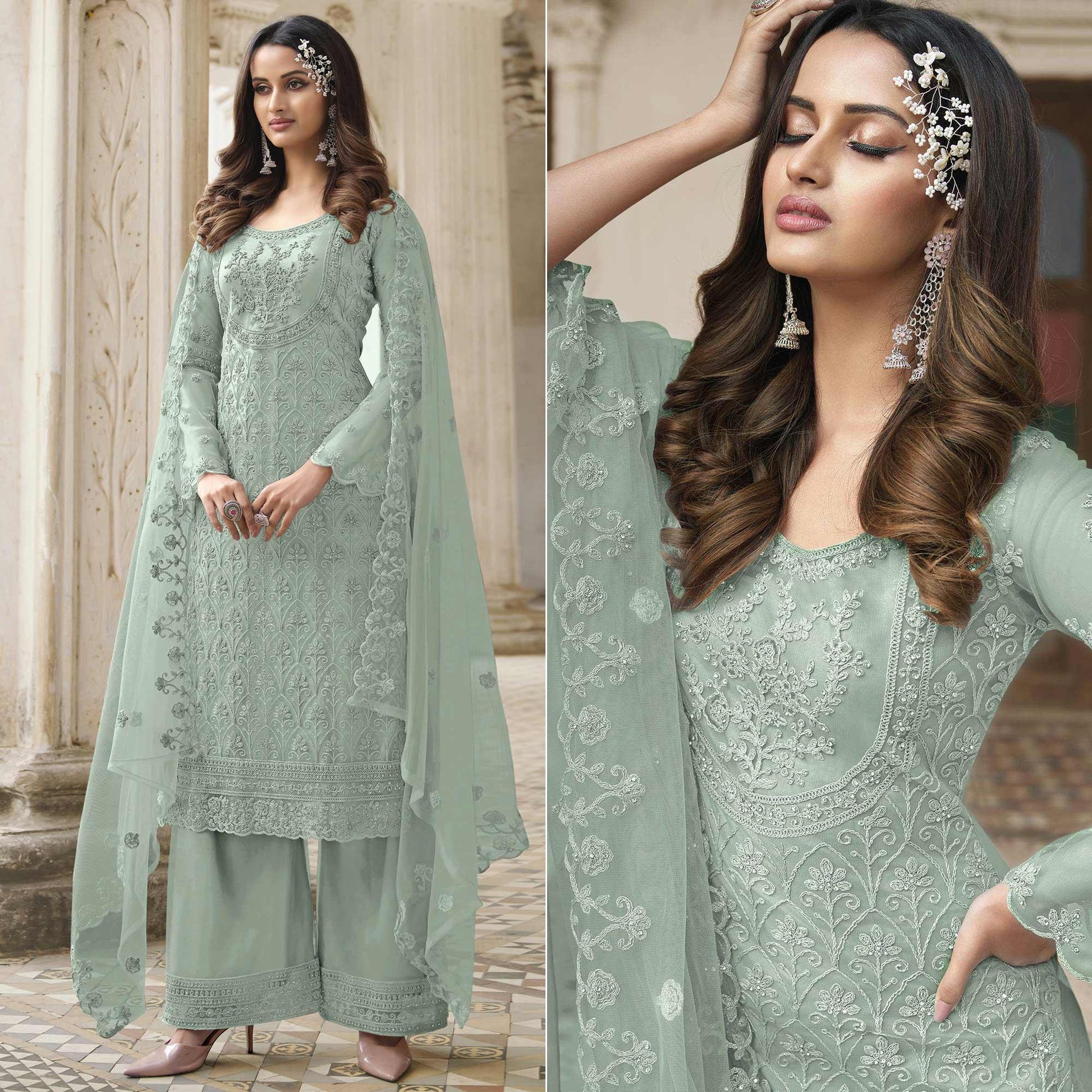 Light Green Embroidered With Embellished Net Palazzo Suit