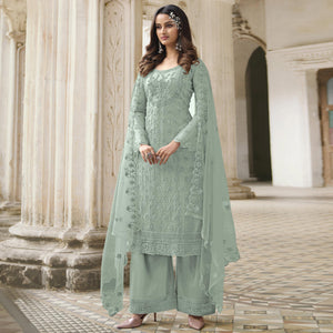 Light Green Embroidered With Embellished Net Palazzo Suit