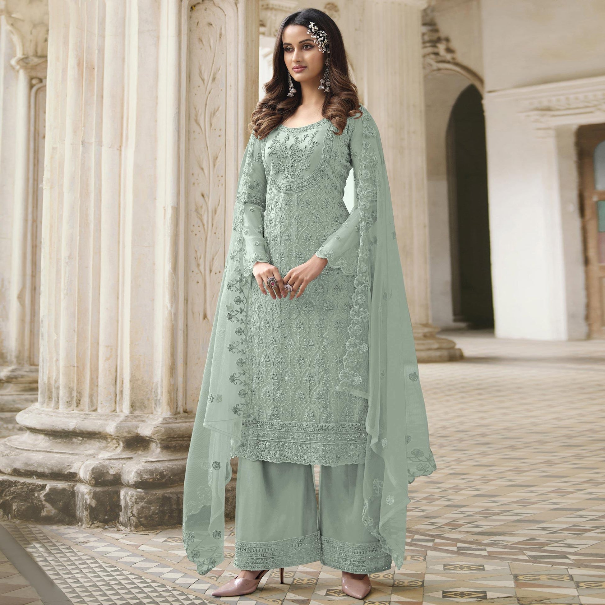 Light Green Embroidered With Embellished Net Palazzo Suit