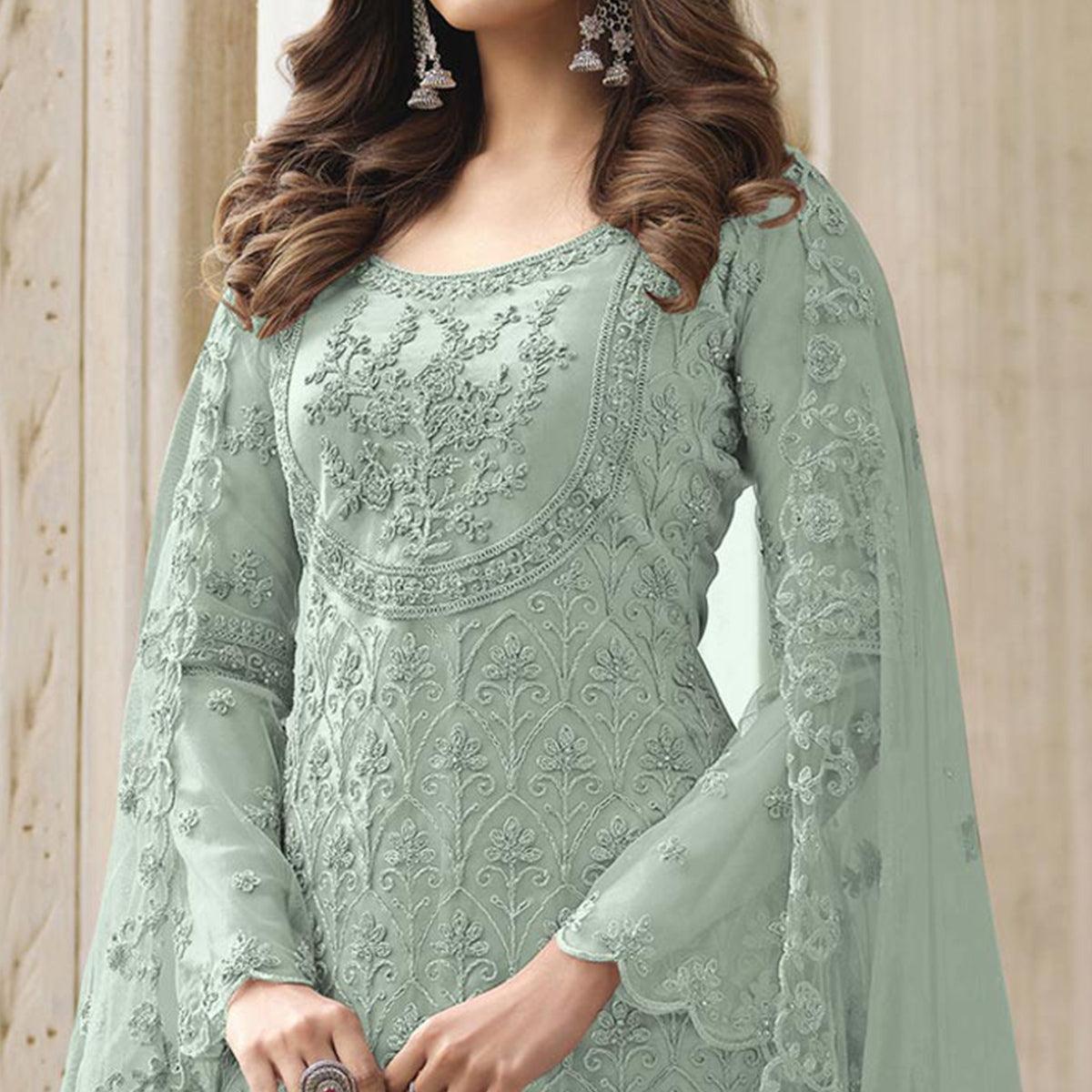 Light Green Embroidered With Embellished Net Palazzo Suit