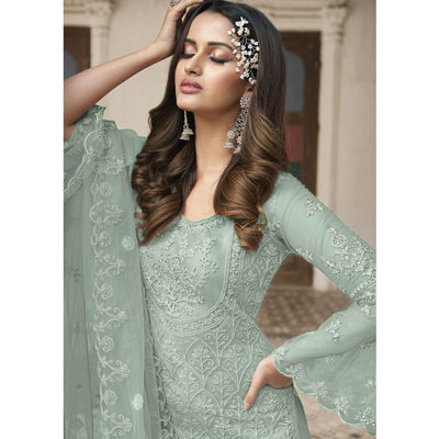 Light Green Embroidered With Embellished Net Palazzo Suit