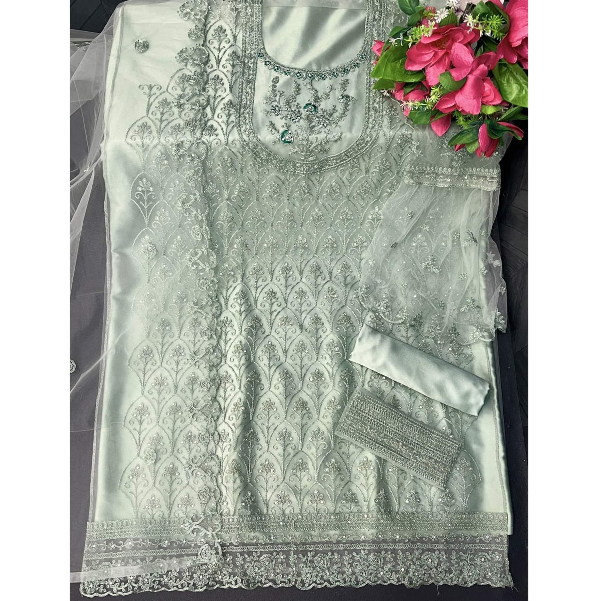 Light Green Embroidered With Embellished Net Palazzo Suit