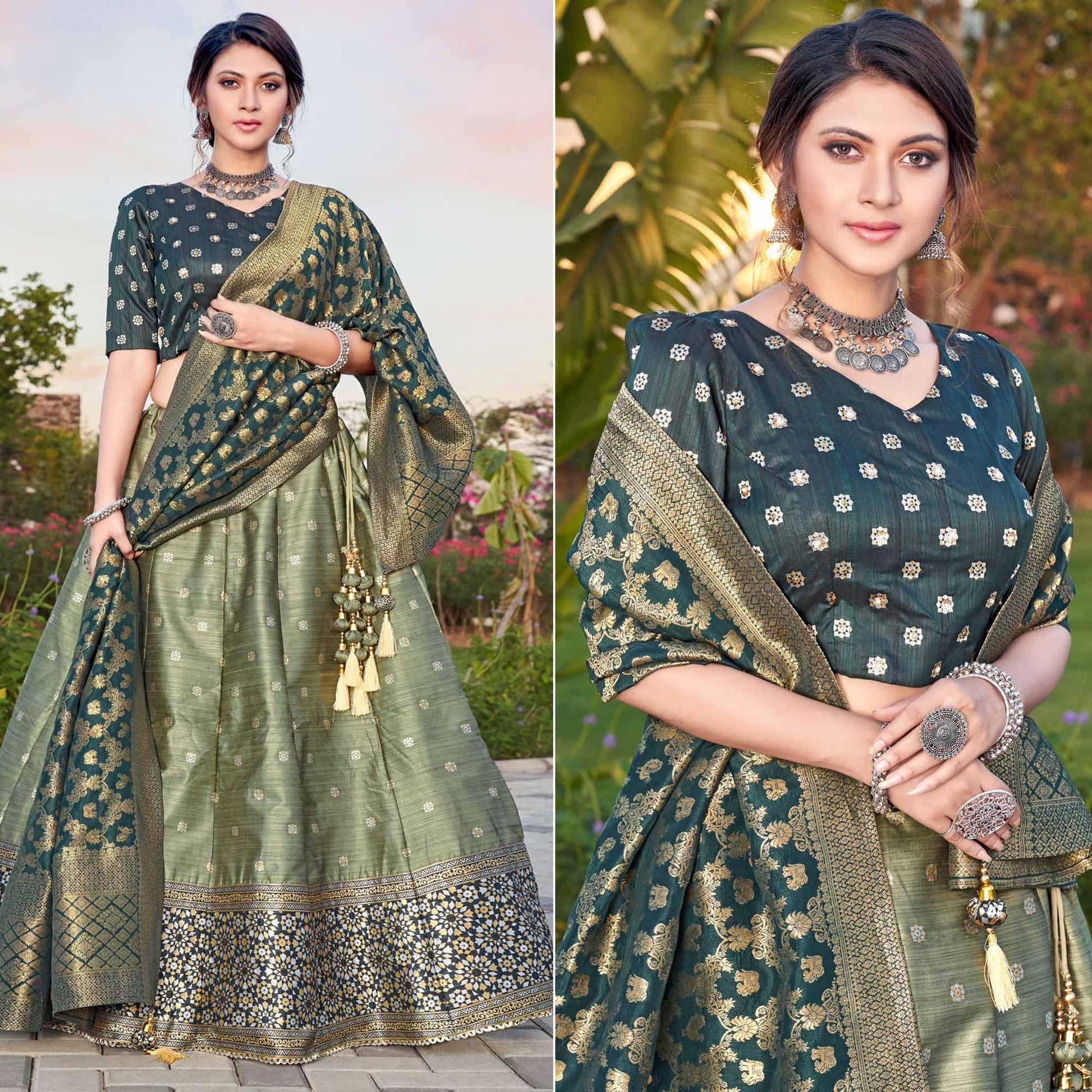 Light Green Embroidery With Woven Silk Lehenga Choli