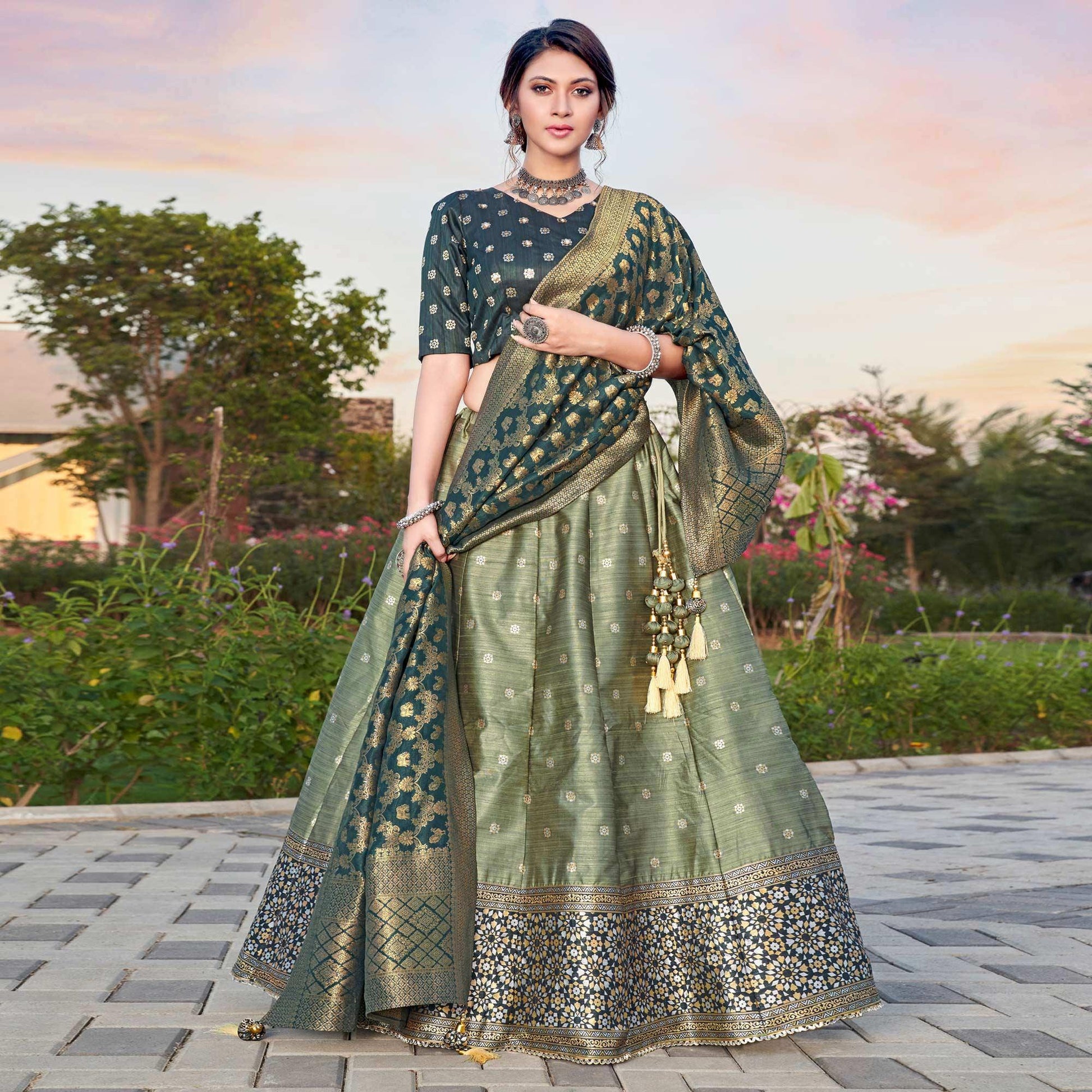 Light Green Embroidery With Woven Silk Lehenga Choli