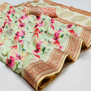 Light Green Festive Wear Digital Printed Soft Silk Saree With Jacquard Border