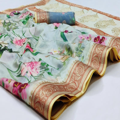 Light Green Festive Wear Digital Printed Soft Silk Saree With Jacquard Border