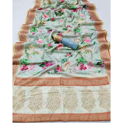 Light Green Festive Wear Digital Printed Soft Silk Saree With Jacquard Border