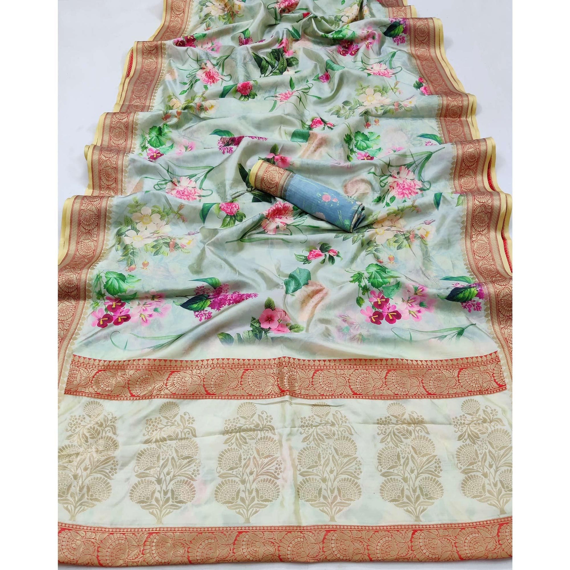 Light Green Festive Wear Digital Printed Soft Silk Saree With Jacquard Border