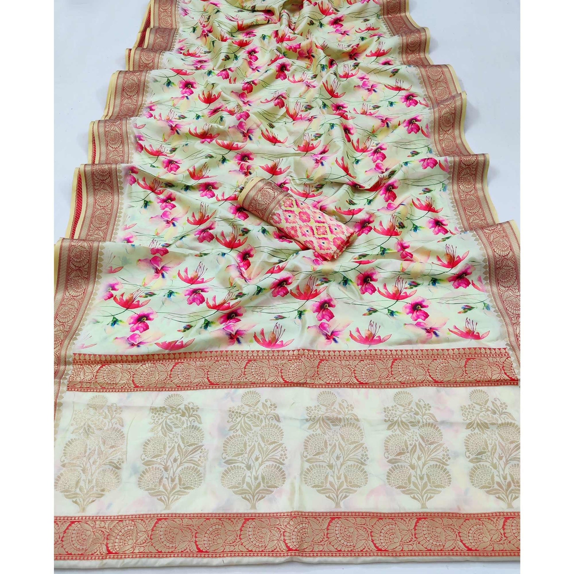 Light Green Festive Wear Digital Printed Soft Silk Saree With Jacquard Border