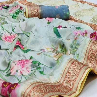 Light Green Festive Wear Digital Printed Soft Silk Saree With Jacquard Border