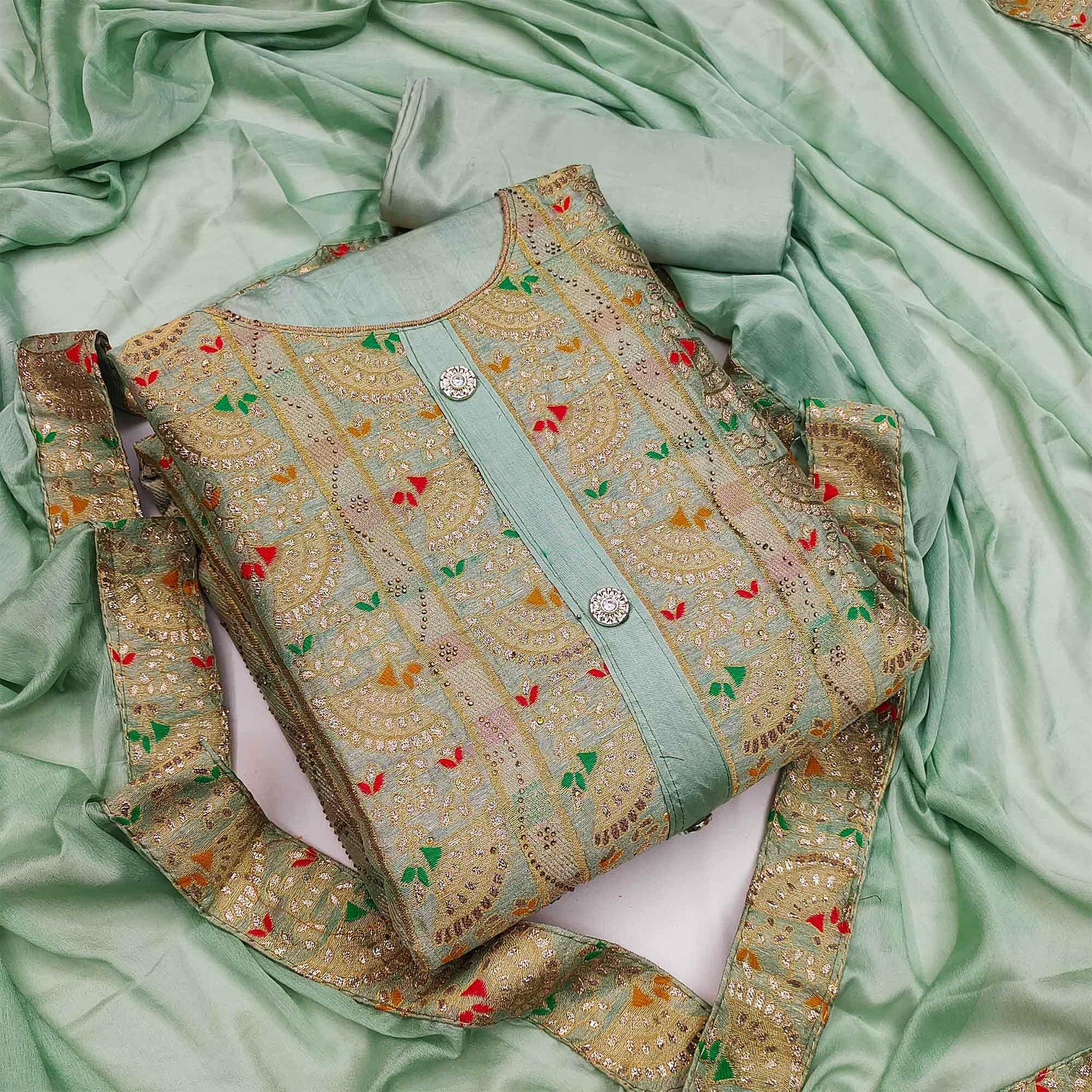 Light Green Festive Wear Embroidered Tapetta Dress Material