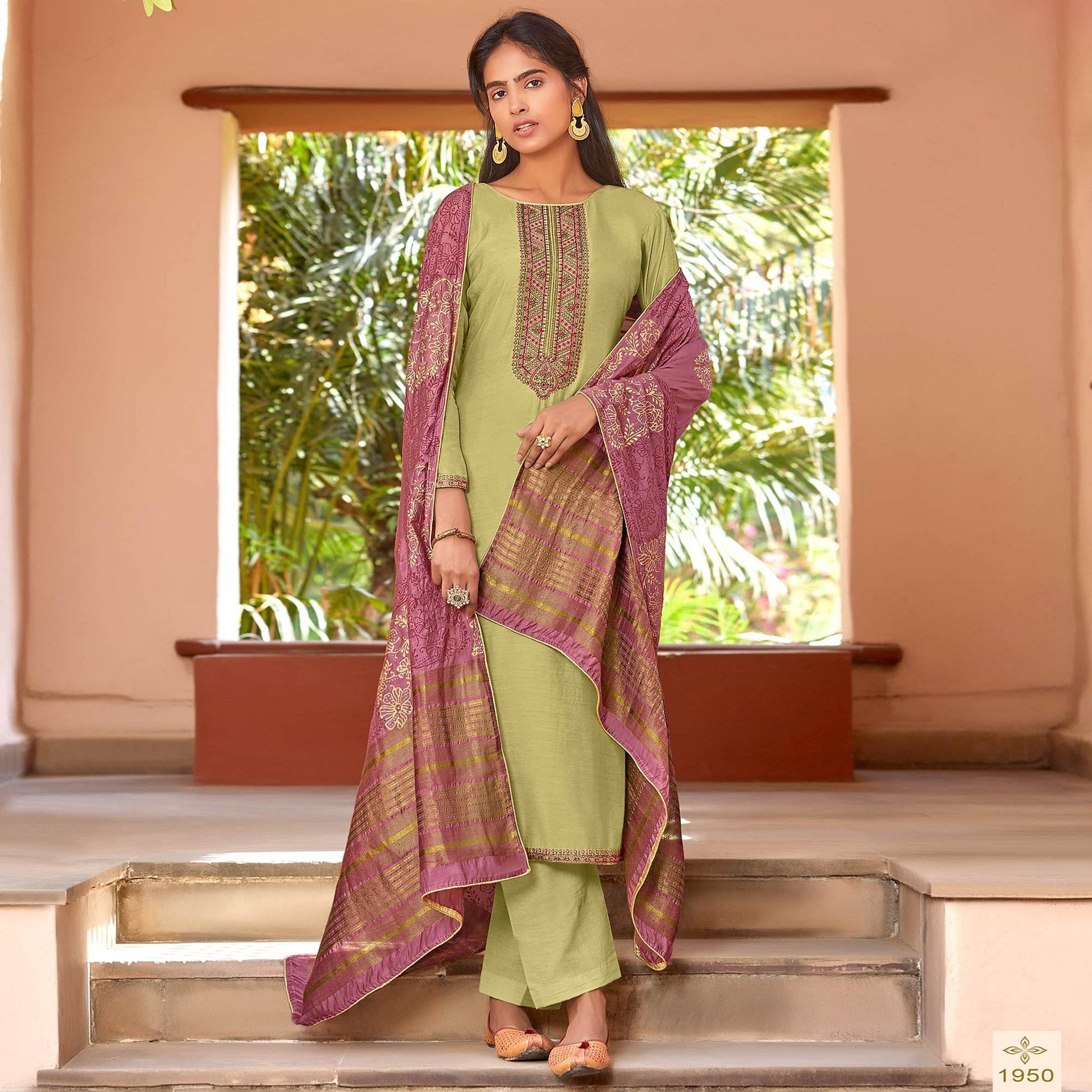 Light Green Festive Wear Embroidered Viscose Cotton Silk Salwar Suit