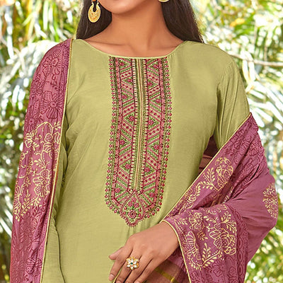 Light Green Festive Wear Embroidered Viscose Cotton Silk Salwar Suit