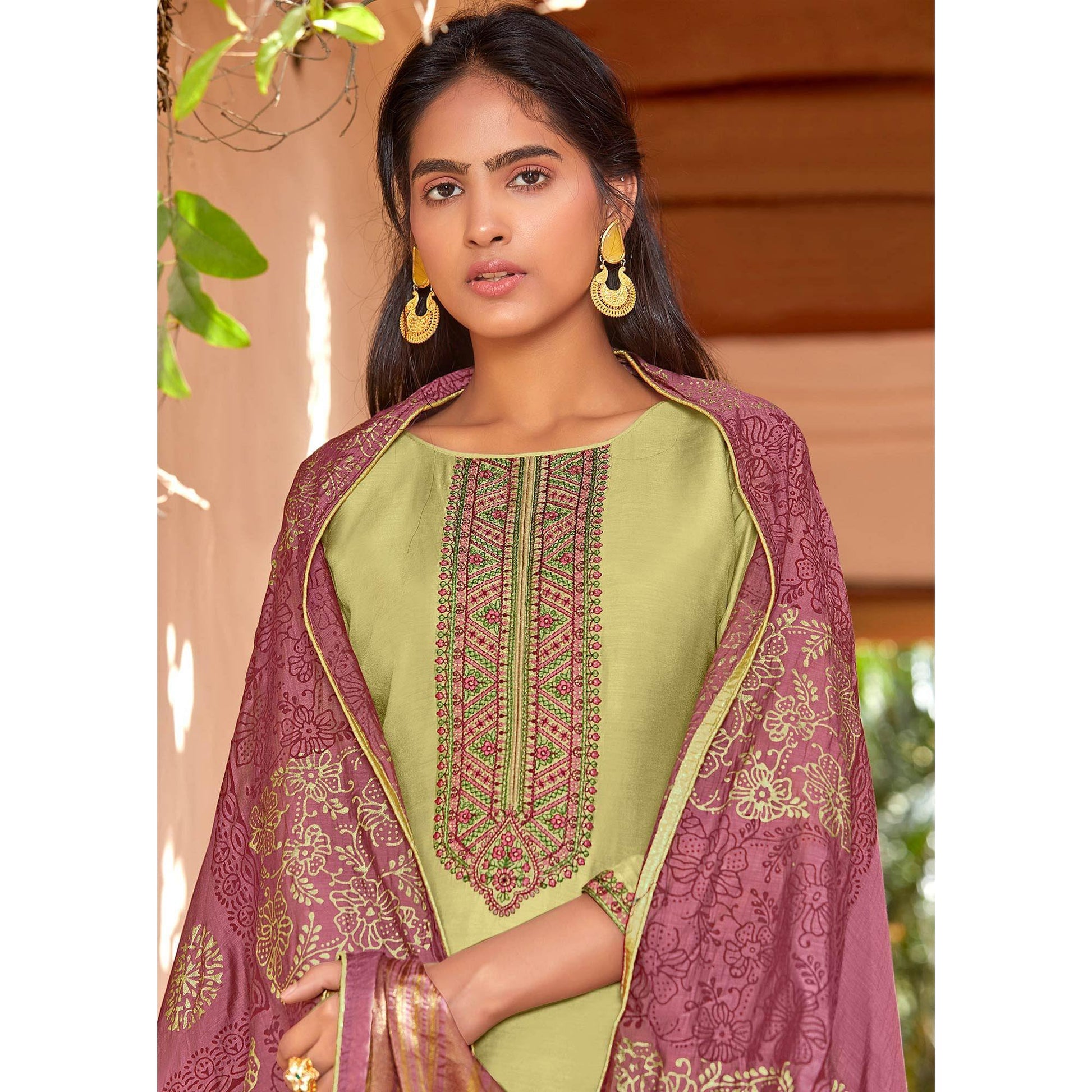 Light Green Festive Wear Embroidered Viscose Cotton Silk Salwar Suit