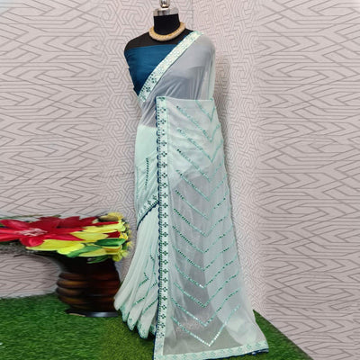 Light Green Festive Wear Mirron Work Chiffon Saree