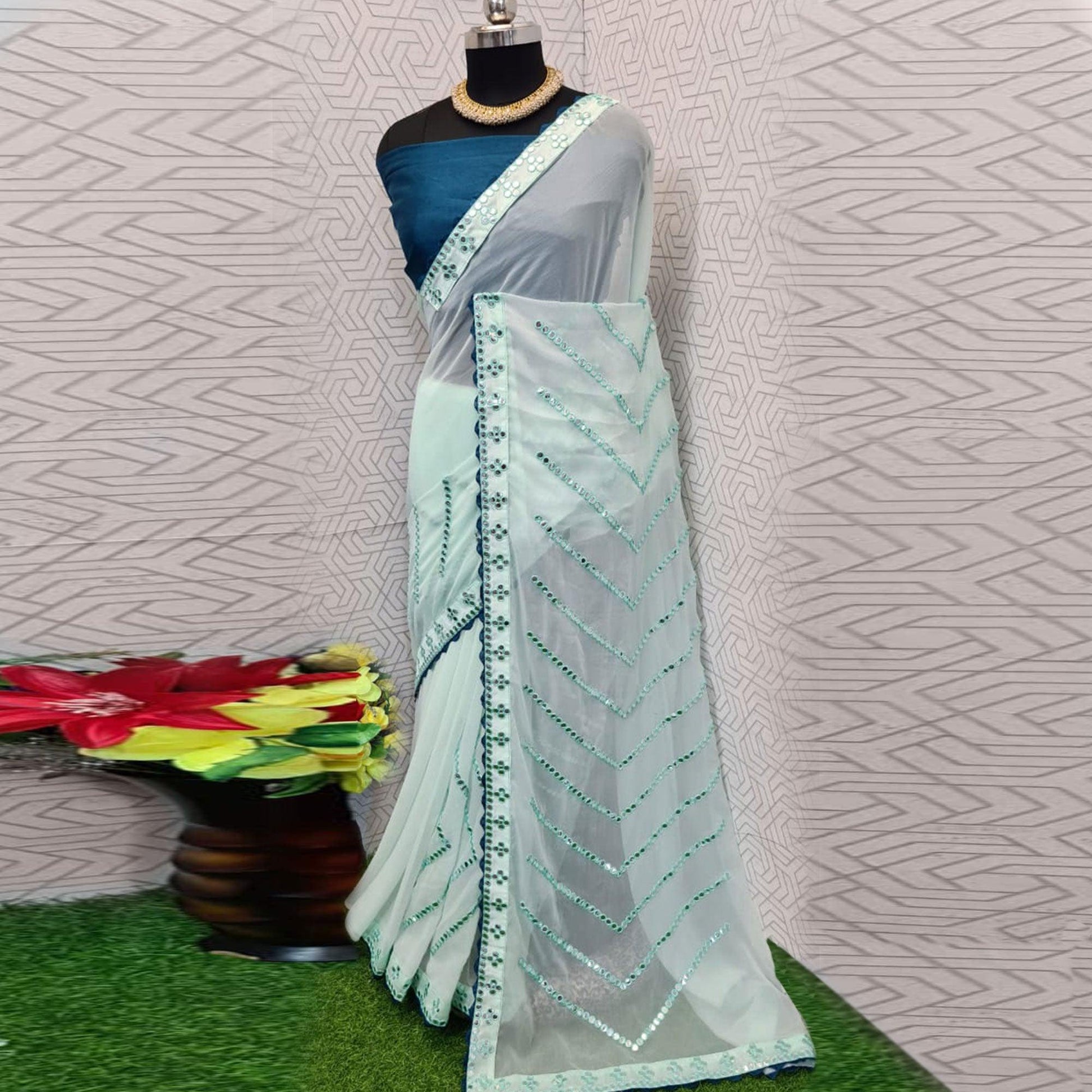 Light Green Festive Wear Mirron Work Chiffon Saree