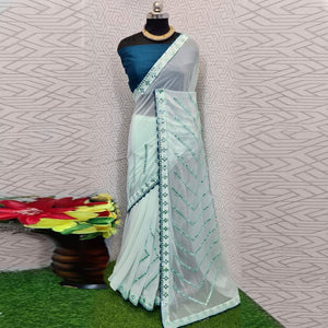 Light Green Festive Wear Mirron Work Chiffon Saree