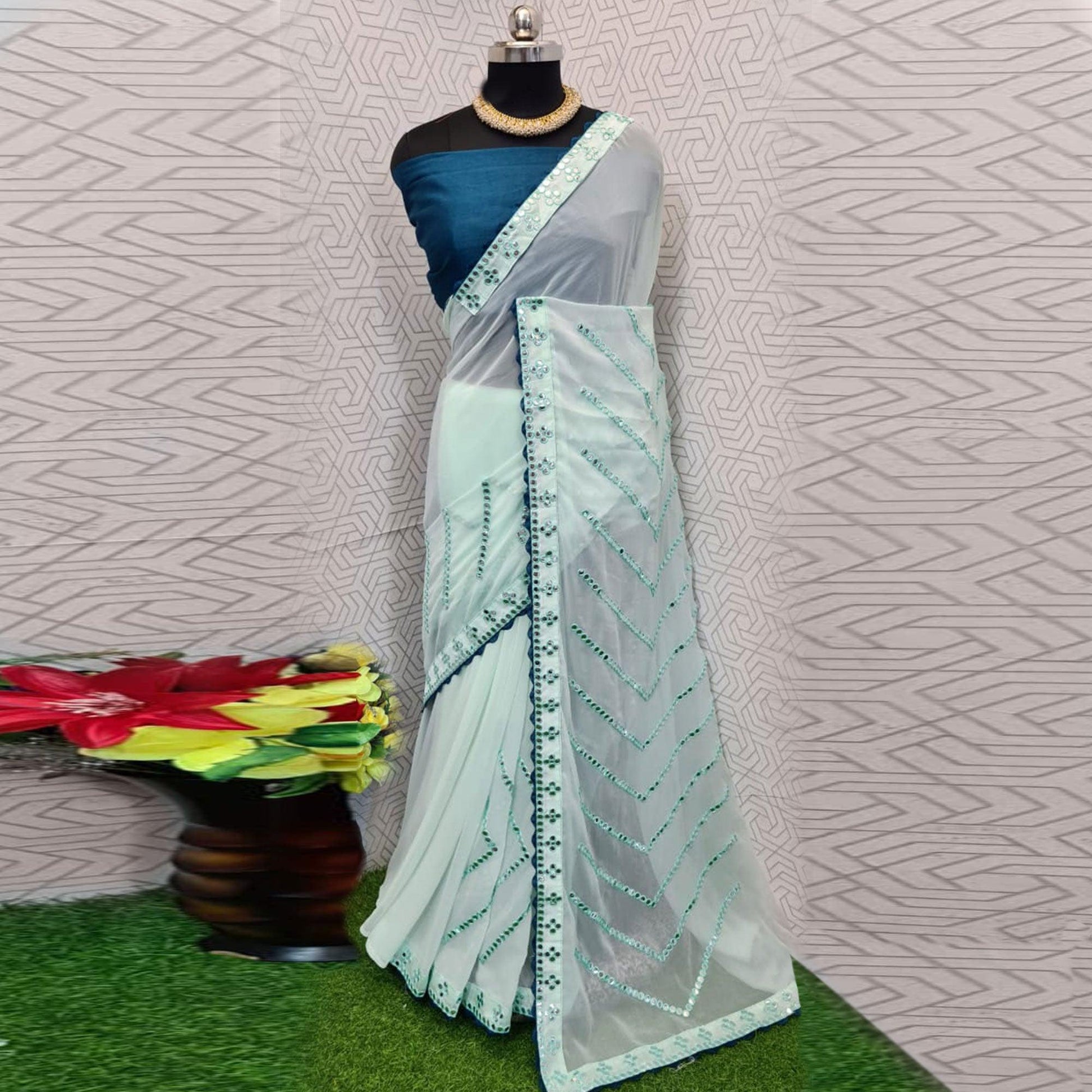 Light Green Festive Wear Mirron Work Chiffon Saree