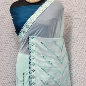 Light Green Festive Wear Mirron Work Chiffon Saree