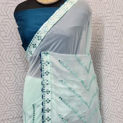 Light Green Festive Wear Mirron Work Chiffon Saree
