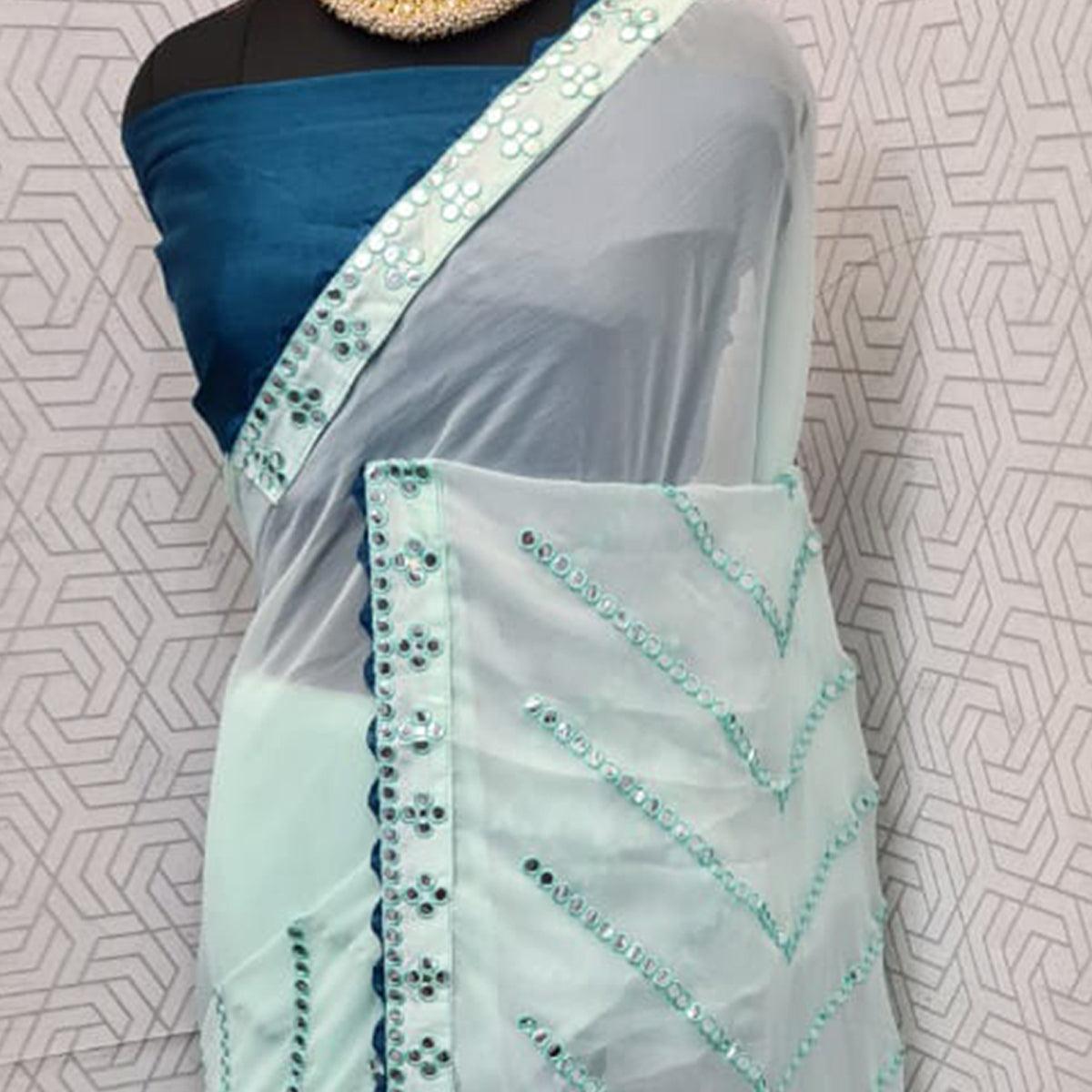 Light Green Festive Wear Mirron Work Chiffon Saree