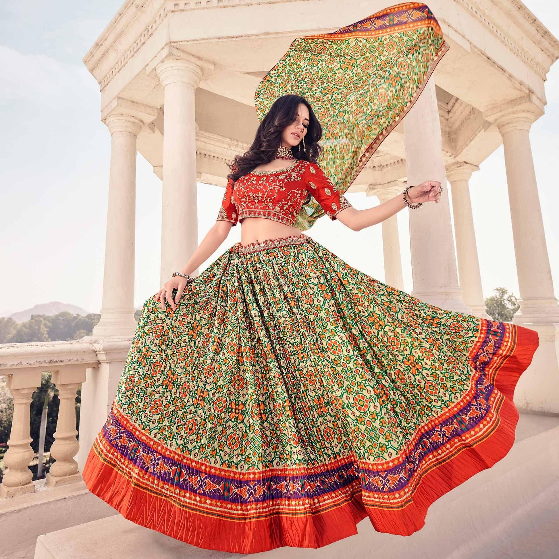 Light Green Festive Wear Satin Digital Geometrical Printed Lehenga Choli