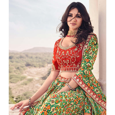 Light Green Festive Wear Satin Digital Geometrical Printed Lehenga Choli