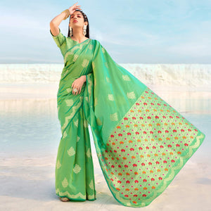 Light Green Festive Wear Woven Banarasi Soft Silk Saree