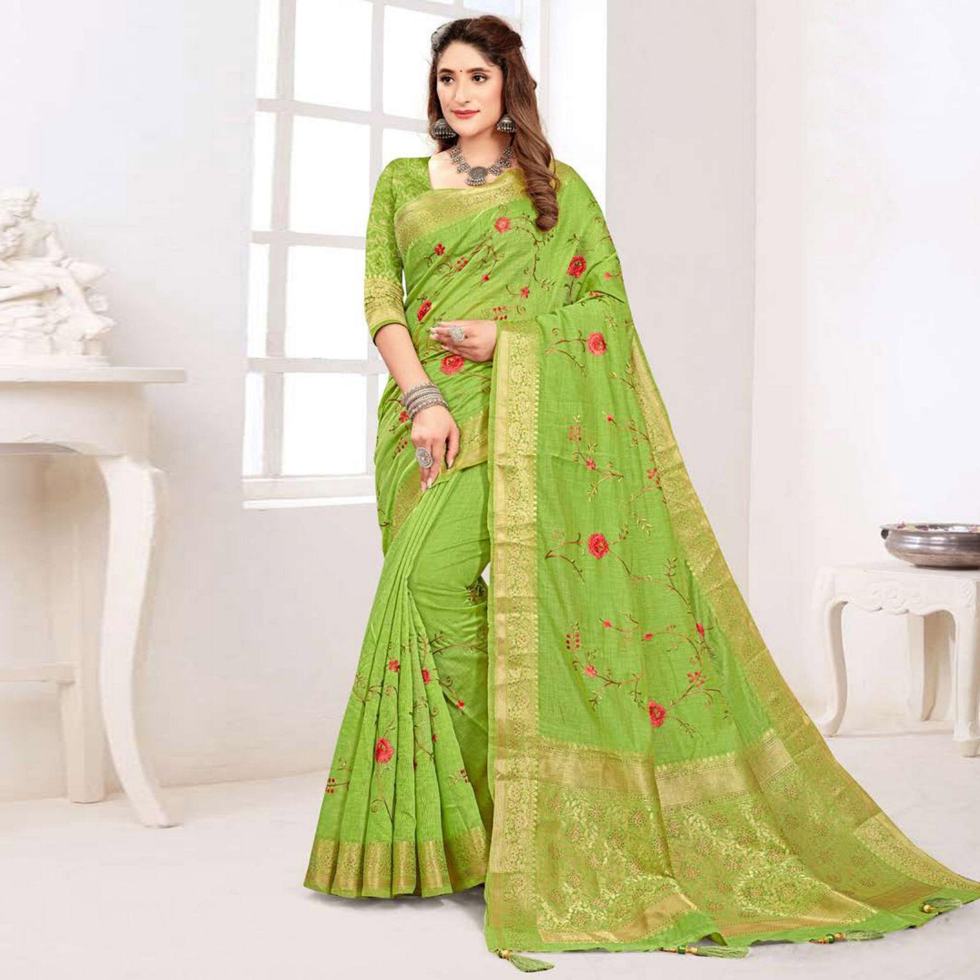 Light Green Floral Embroidered Cotton Silk Saree With Tassels