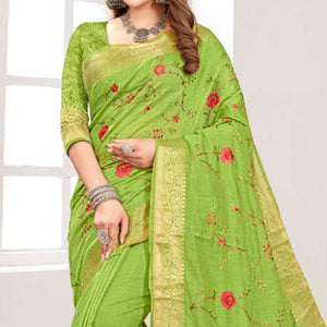 Light Green Floral Embroidered Cotton Silk Saree With Tassels