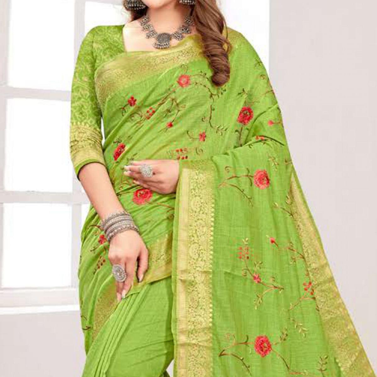 Light Green Floral Embroidered Cotton Silk Saree With Tassels