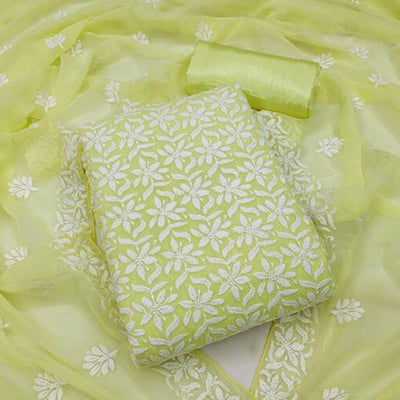 Light Green Floral Embroidered Georgette Dress Material