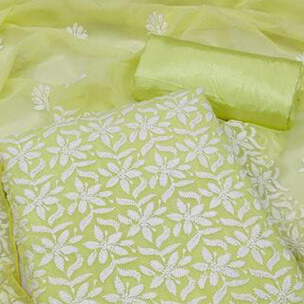 Light Green Floral Embroidered Georgette Dress Material