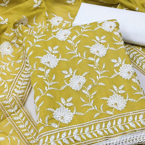 Light Green Floral Embroidered Muslin Dress Material