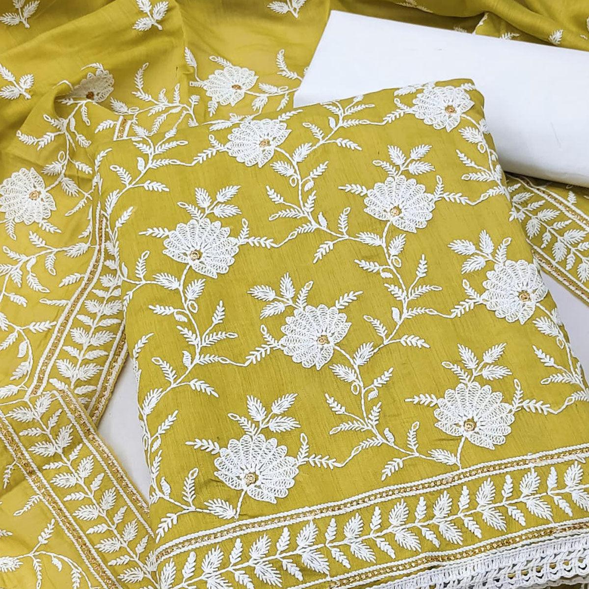 Light Green Floral Embroidered Muslin Dress Material