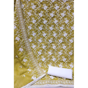 Light Green Floral Embroidered Muslin Dress Material