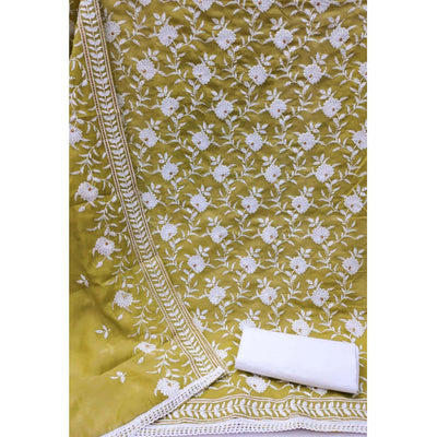 Light Green Floral Embroidered Muslin Dress Material