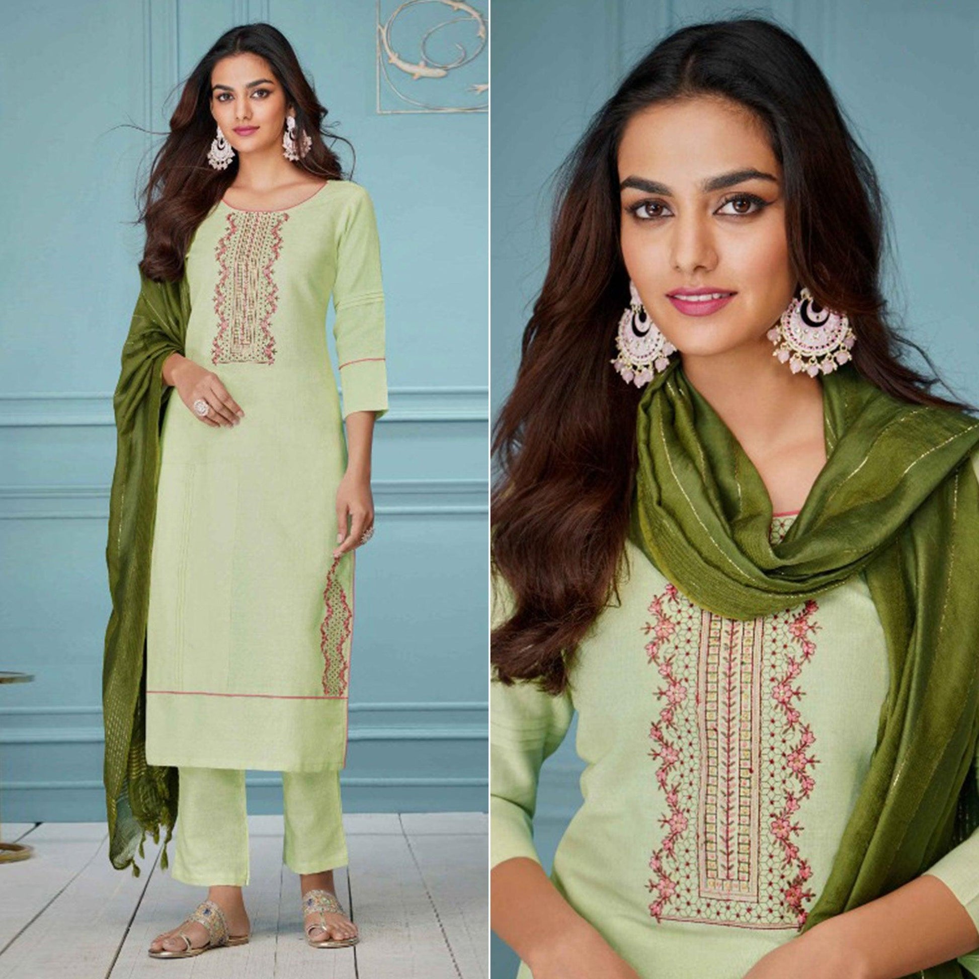Light Green Floral Embroidered Pure Cotton Kurti Pant Set With Dupatta