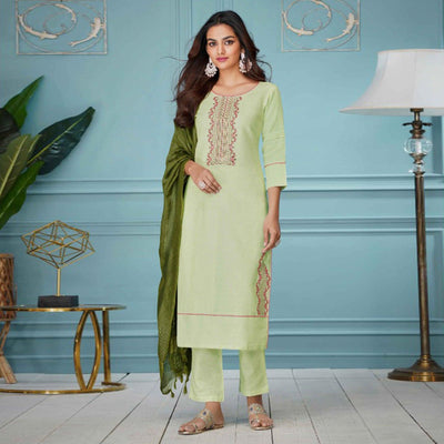 Light Green Floral Embroidered Pure Cotton Kurti Pant Set With Dupatta