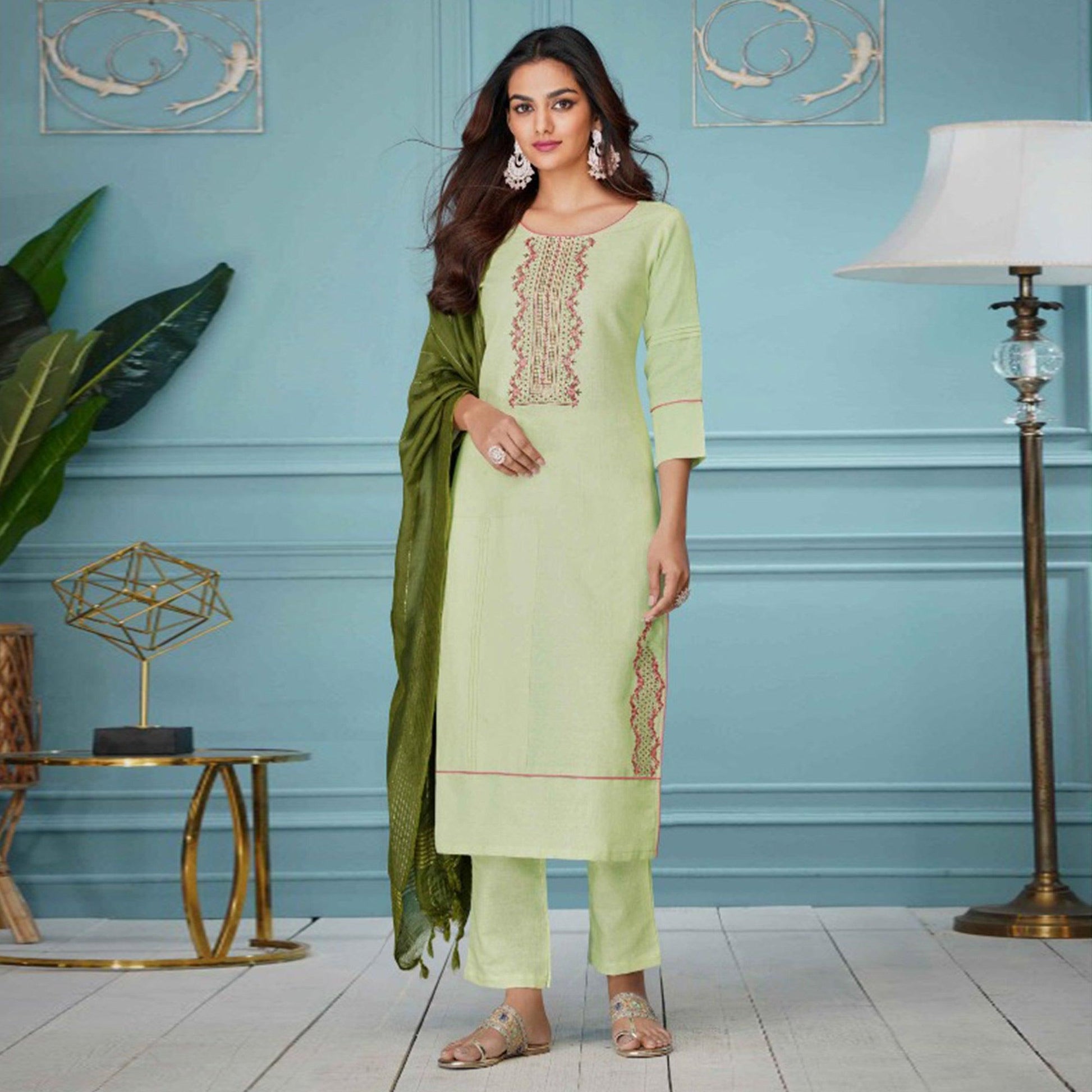 Light Green Floral Embroidered Pure Cotton Kurti Pant Set With Dupatta