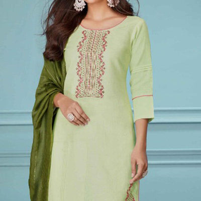 Light Green Floral Embroidered Pure Cotton Kurti Pant Set With Dupatta