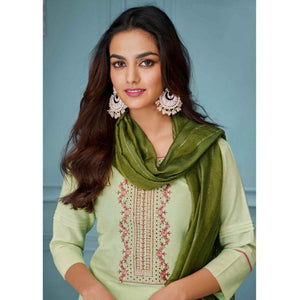 Light Green Floral Embroidered Pure Cotton Kurti Pant Set With Dupatta