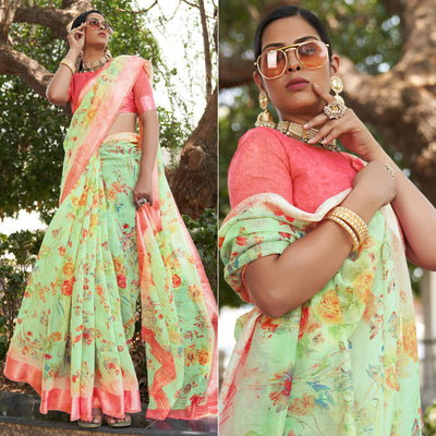 Light Green Floral Printed Linen Saree
